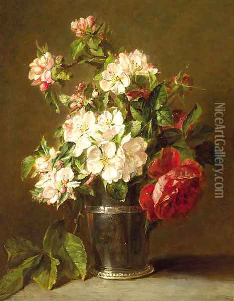 Appleblossom and roses in a silver beaker Oil Painting - Adriana-Johanna Haanen