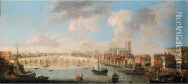 View Of The Thames And Old Westminster Bridge Looking Towards Westminster Abbey Oil Painting - Samuel Scott
