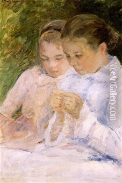 Two Young Women: One Threading A Needle Oil Painting - Mary Cassatt