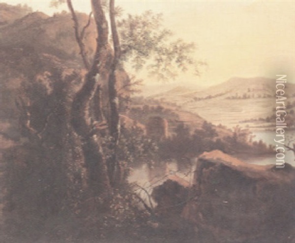 An Extensive River Landscape With A Rocky Outcrop And Trees In The Foreground Oil Painting - Jan Dirksz. Both