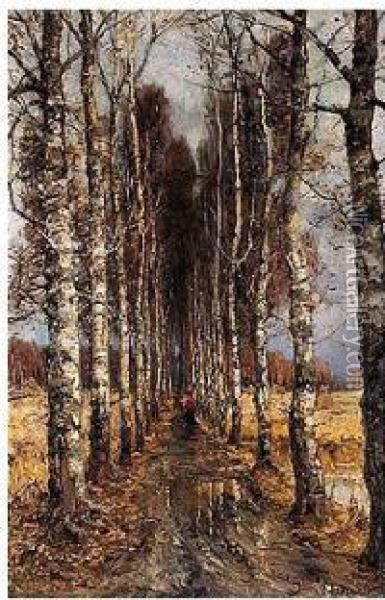 Avenue Of Birch Trees Oil Painting - Iulii Iul'evich (Julius) Klever