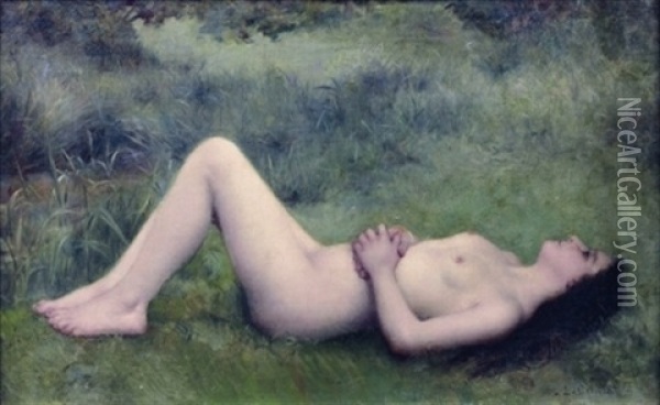 Femme Nue Allongee Dans L'herbe Oil Painting - Louis Courtat