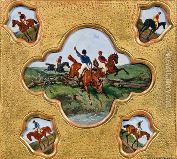 Jockeys (5 Works In 1 Frame) Oil Painting - Anton (Josef A.) Strassgschwandtner