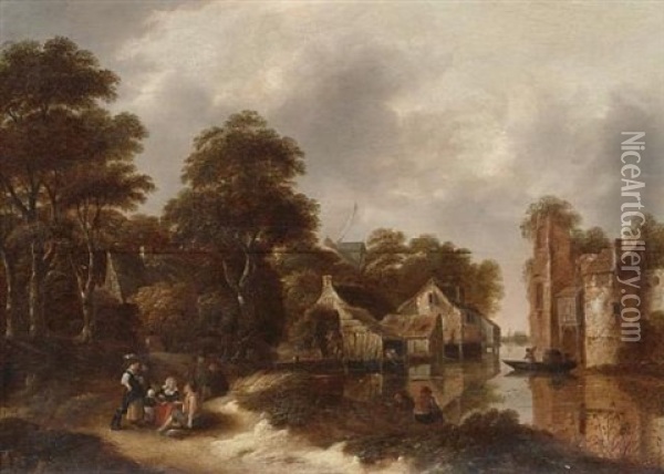 A Wooded River Landscape With Travellers Resting On A Path And Anglers On The Bank, A Village Beyond Oil Painting - Nicolaes Molenaer