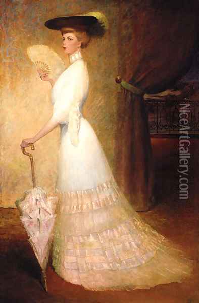 An Elegant Lady In A White Dress With A Parasol And A Fan Oil Painting - French School