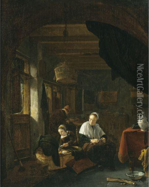 A Family In An Interior, With A 
Young Girl Feeding A Child In Acradle, A Woman Seated Nearby Oil Painting - Thomas Wyck