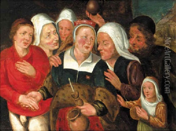 A Bridal Couple Among Villagers Oil Painting - Marten van Cleve the Elder