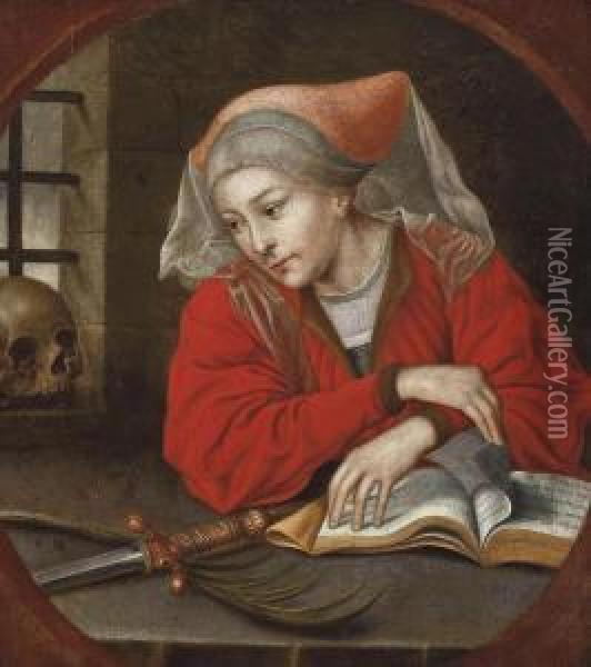 Reymerswaele A Lady Reading Oil Painting - Marinus van Reymerswaele