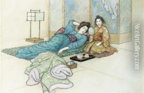 Japanese Ladies Reclining In An Interior Oil Painting - Warwick Goble