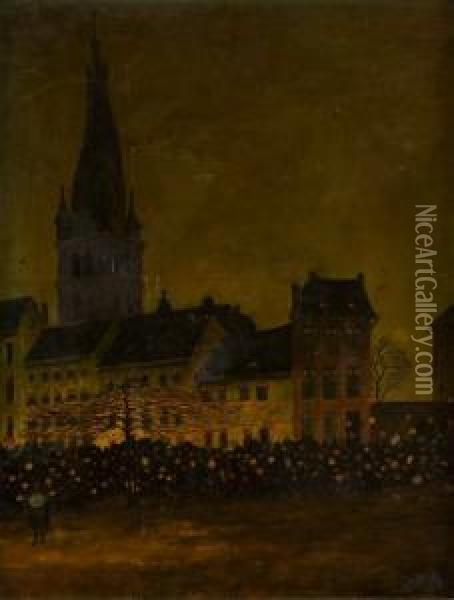 Martinszug In Der Dusseldorfer Altstadt Mit Lambertuskirche Oil Painting - Joannes Joseph Wolff