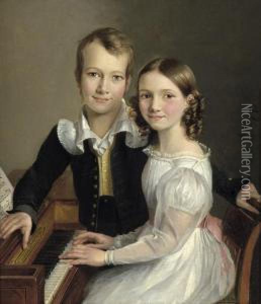 Doppelbildnis Eines Geschwisterpaars Oil Painting - Josef Bartholomeus Vieillevoye