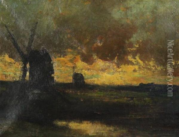 Windmills At Sunset Oil Painting - Jules Dupre