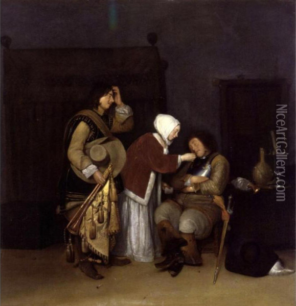 Interior With A Sleeping Soldier Oil Painting - Caspar Netscher