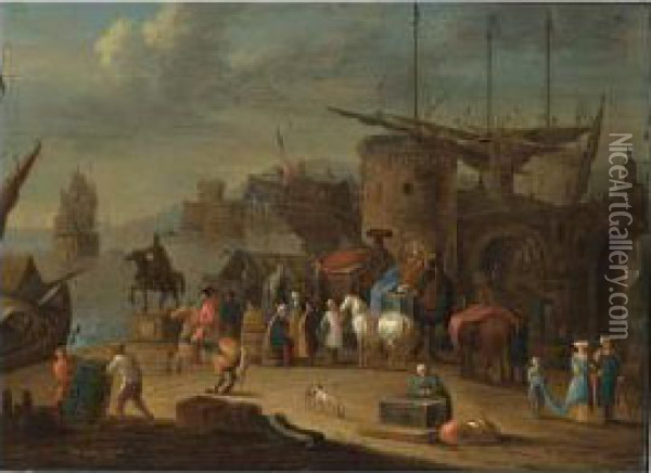 A Levantine Harbour With Camels Oil Painting - Mattijs Schoevaerdts