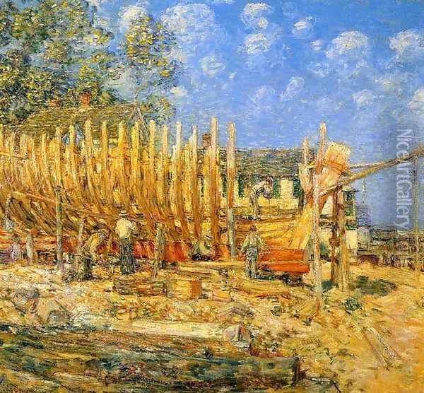 Building the Schooner, Provincetown Oil Painting - Frederick Childe Hassam