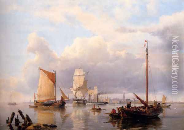 Shipping On The Scheldt With Antwerp In The Background Oil Painting - Johannes Hermanus Koekkoek Snr
