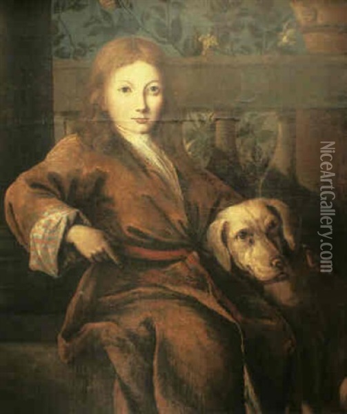 A Portrait Of A Young Boy Seated With His Dog At The Base   Of A Column Before A Balustrade Oil Painting - Jean-Baptiste Santerre