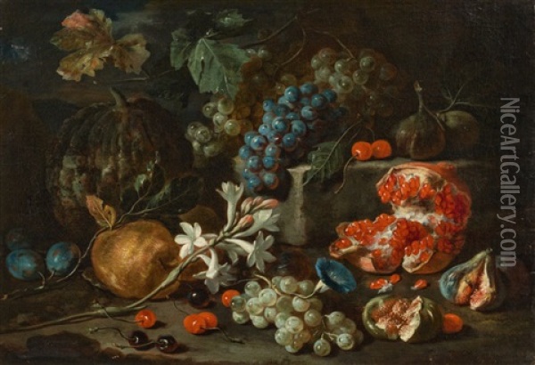 Fruchtestillleben Mit Blutenstengel Und Winde Oil Painting - Giovanni Battista Ruoppolo
