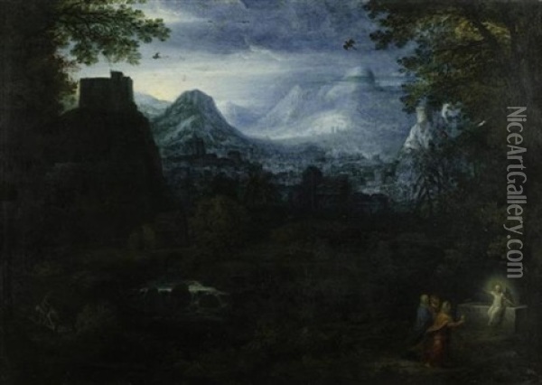 Weite Flamische Landschaft Mit Drei Frauen Und Der Auferstehung Christi Oil Painting - Gillis Van Coninxloo III