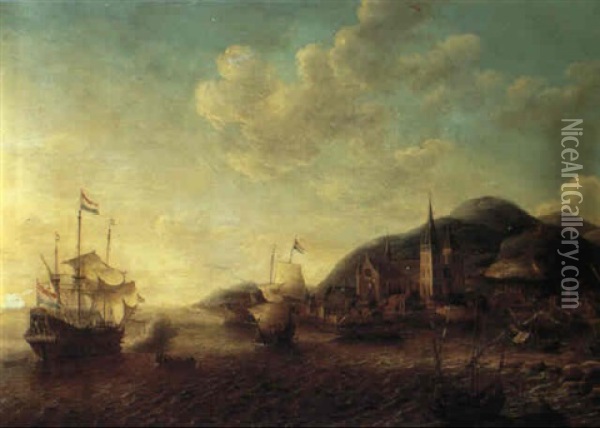 Coastal Landscape With A Port And Dutch Shipping Oil Painting - Jan Abrahamsz. Beerstraten
