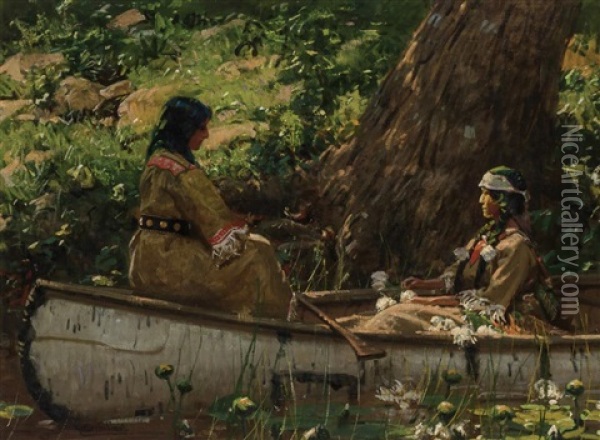 Two Indians In A Canoe, Forest Interior