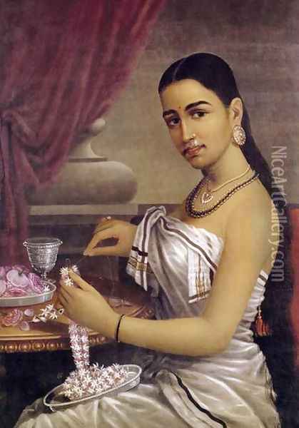 Lady with Flower Garland Oil Painting - Raja Ravi Varma