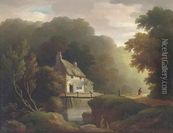Figure by a cottage in a woodland landscape Oil Painting - John Wallace Tucker