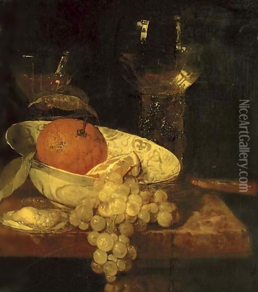 A roemer and a facon de Venise, oranges in a Wan-Li kraak porcelain bowl, an oyster, grapes and a knife on a table Oil Painting - Abraham Hendrickz Van Beyeren