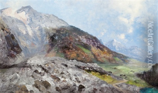Gebirgslandschaft Mit Blick In Ein Tal Oil Painting - Adolf Obermuellner