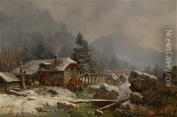Winterliche Gebirgslandschaft Mit Einer Schmiede Oil Painting - Heinrich Buerkel