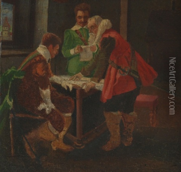 Three Nobles Discussing Over The Map Oil Painting - Vaclav Brozik