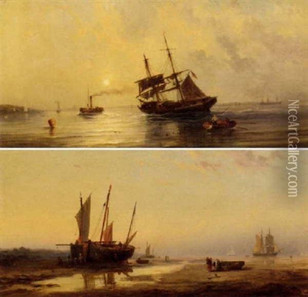 A Paddle Tug Towing A Brig Out Of Shallow Waters Oil Painting - George Frederick Gregory