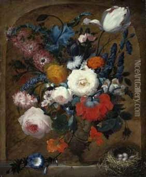 Roses, Peonies, Larkspur And 
Morning Glory In An Ornamental Urnwith A Nest Of Four Eggs, On A Stone 
Ledge Oil Painting - Jan van Os