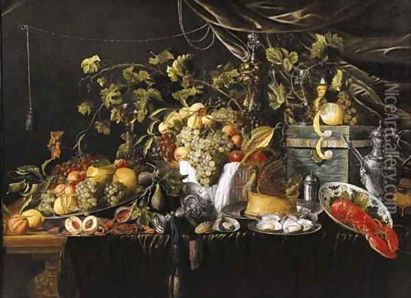 Grapes, pears, quinces, peaches, prawns, oysters and a pastry on pewter plates Oil Painting - Wouter Mertens