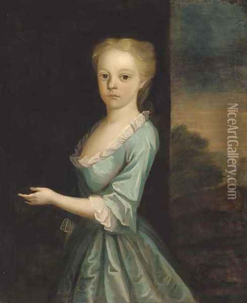 Portrait of a girl, standing three-quarter-length, in a turquoise dress, a landscape beyond Oil Painting - Charles Jervas
