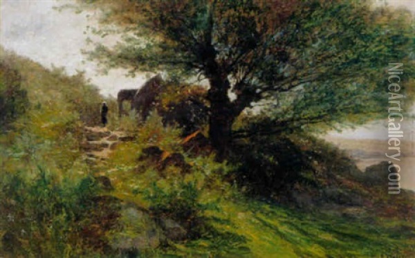 Felsiger Pfad Mit Bauerin Am Seeufer Oil Painting - Gustave Eugene Castan
