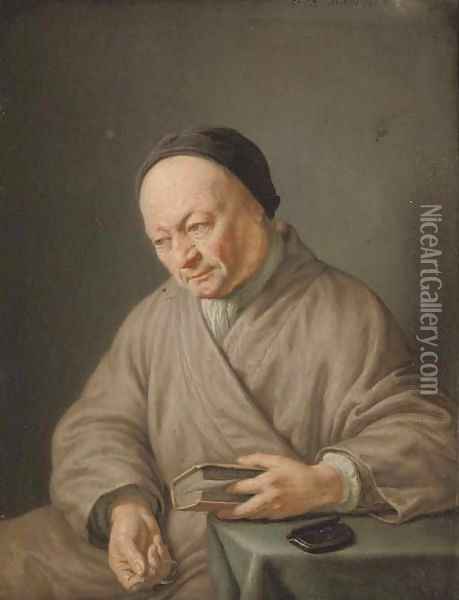 An elderly man, three-quarter-length, seated in a beige robe with a black cap, holding a book in his left hand and glasses in his right Oil Painting - Frans van Mieris