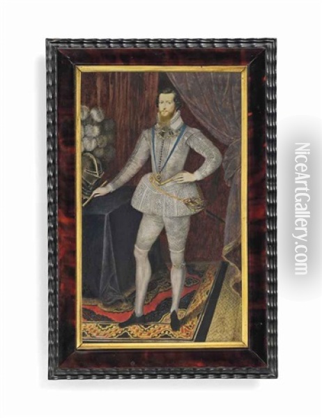 Robert Devereux, 2nd Earl Of Essex (1565-1601), Standing Full-length, In Embroidered White Doublet And Hose, Gilt-studded Armour Collar, Lace-trimmed... Oil Painting - Isaac Oliver