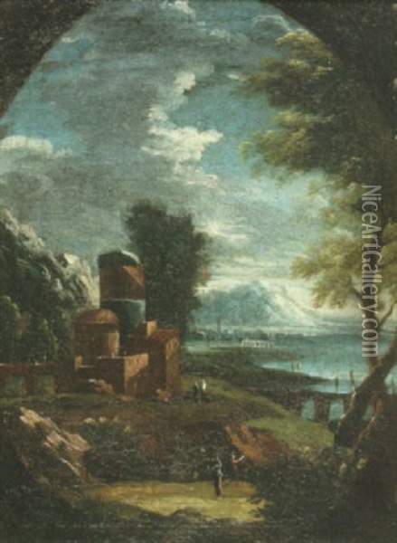 A Capriccio Landscape With Ruins By A Lake And Figures In The Foreground Oil Painting - Alessandro Magnasco