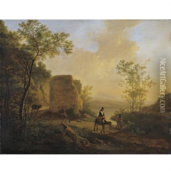 A Southern Landscape With A Ruin Oil Painting - Jan Dirksz. Both
