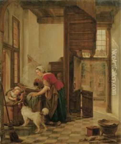 An Interior With A Child Seated 
In A High Chair Teasing A Dog, A Servant Washing By The Window Behind 
Her Oil Painting - Abraham van, I Strij