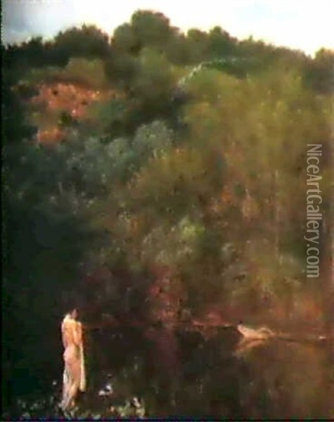 A Female Nude By A Lake Oil Painting - Karel Vitezslav Masek