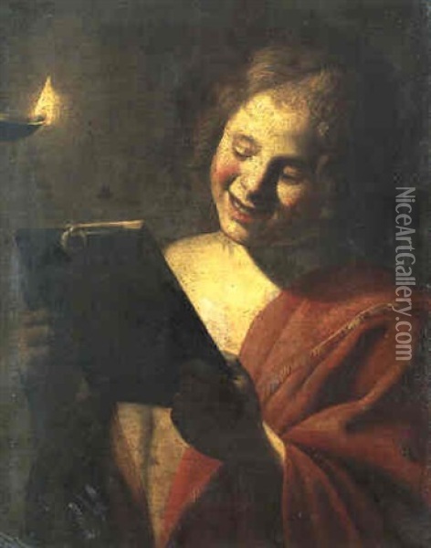 Jeune Homme Tenant Un Miroir A La Lueur D'une Lampe A Huile Oil Painting - Trophime (Theophisme) Bigot the Elder