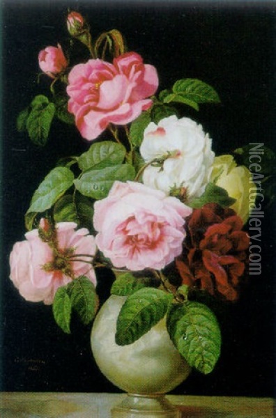 Roses In A Round Vase Oil Painting - Emma Desportes