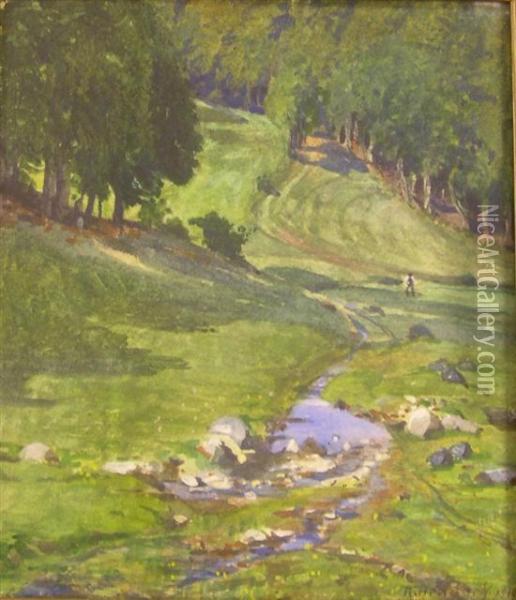 Pastoral Watercolor Landscape With Stream Oil Painting - Richard Hendorf