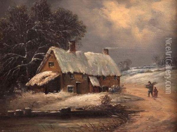 Winter Landscape With Figures Outside A Thatched Cottage Oil Painting - Edward Robert Smythe