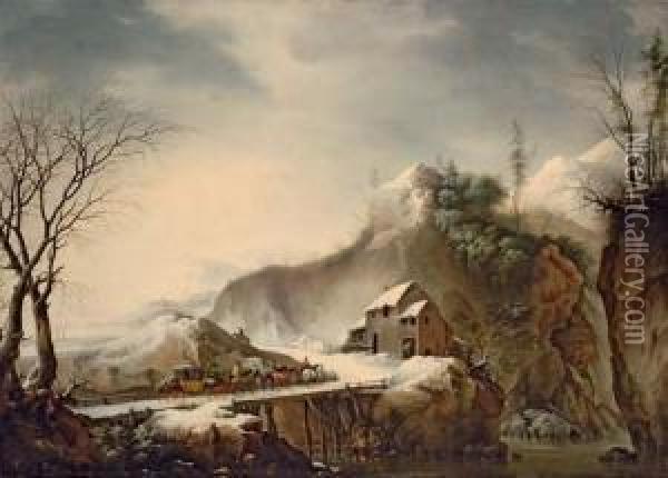 A Mountainous Winter Landscape With Travellers On Horseback Crossing A Bridge Oil Painting - Francesco Foschi
