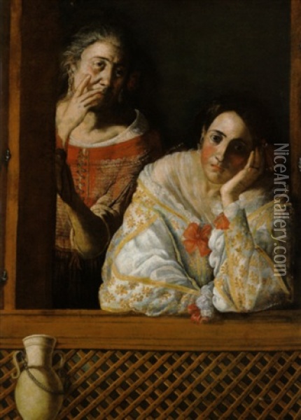 Due Donne Alla Finestra Oil Painting - Pietro Bellotti