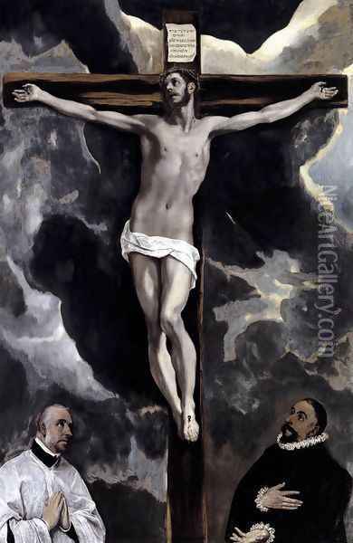 Christ on the Cross Adored by Two Donors c. 1580 Oil Painting - El Greco (Domenikos Theotokopoulos)