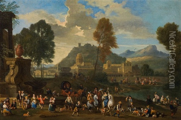 Landscape With Dancing Peasants And Noble Hunting Company Oil Painting - Alexander van Bredael